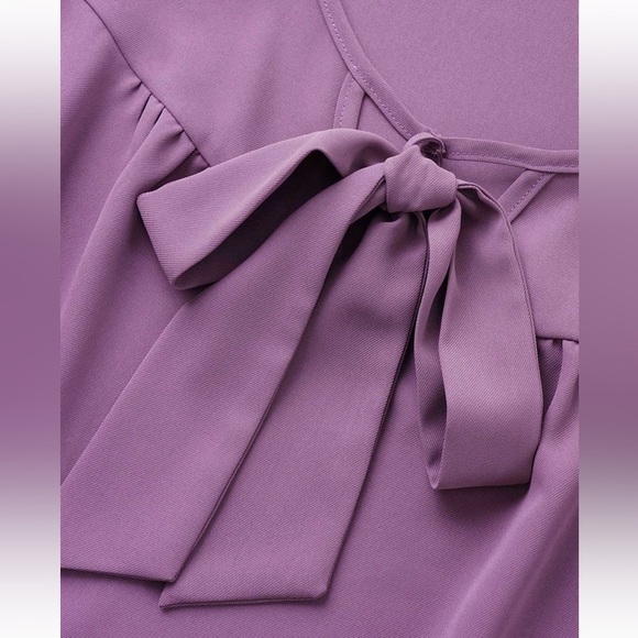 BloomChic Plus Size Solid Ribbon Tied Collar Bell Sleeve Blouse - Picture 3 of 6